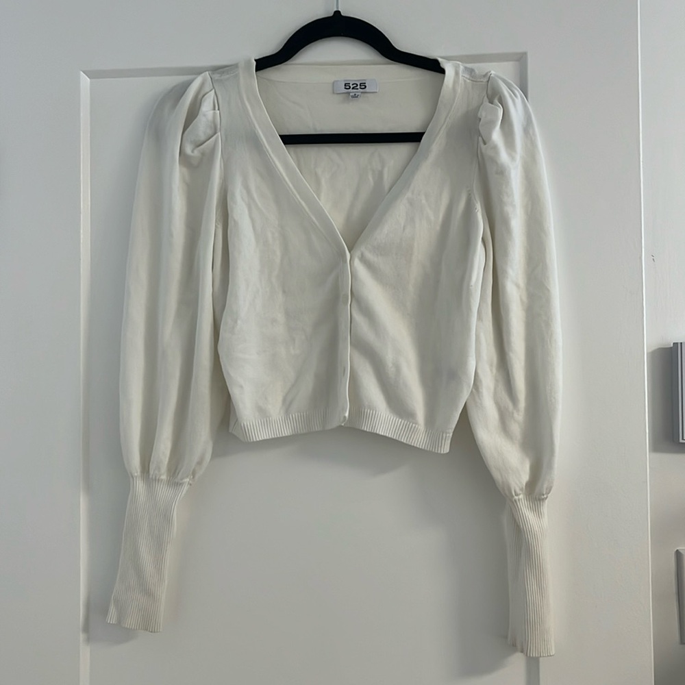 525 America White Puff-Sleeve V-Neck Cardigan